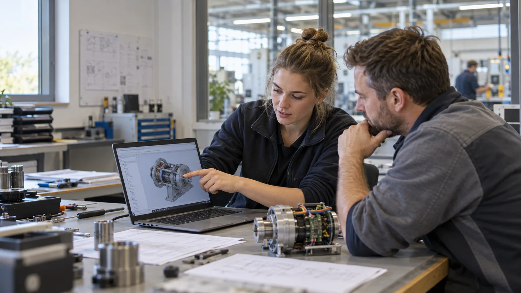 Junge Ingenieurin erklärt einem Kollegen ein 3D-Modell am Laptop