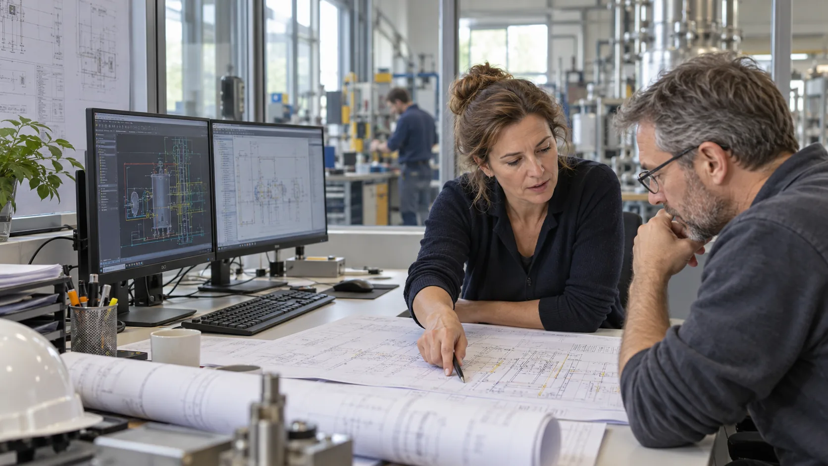 Zwei Fachkräfte besprechen technische Zeichnungen am Arbeitsplatz